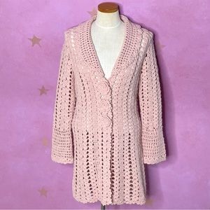Twiggy London Vintage Dusty Rose Pink Crocheted Sweater With Flowers Rare XL